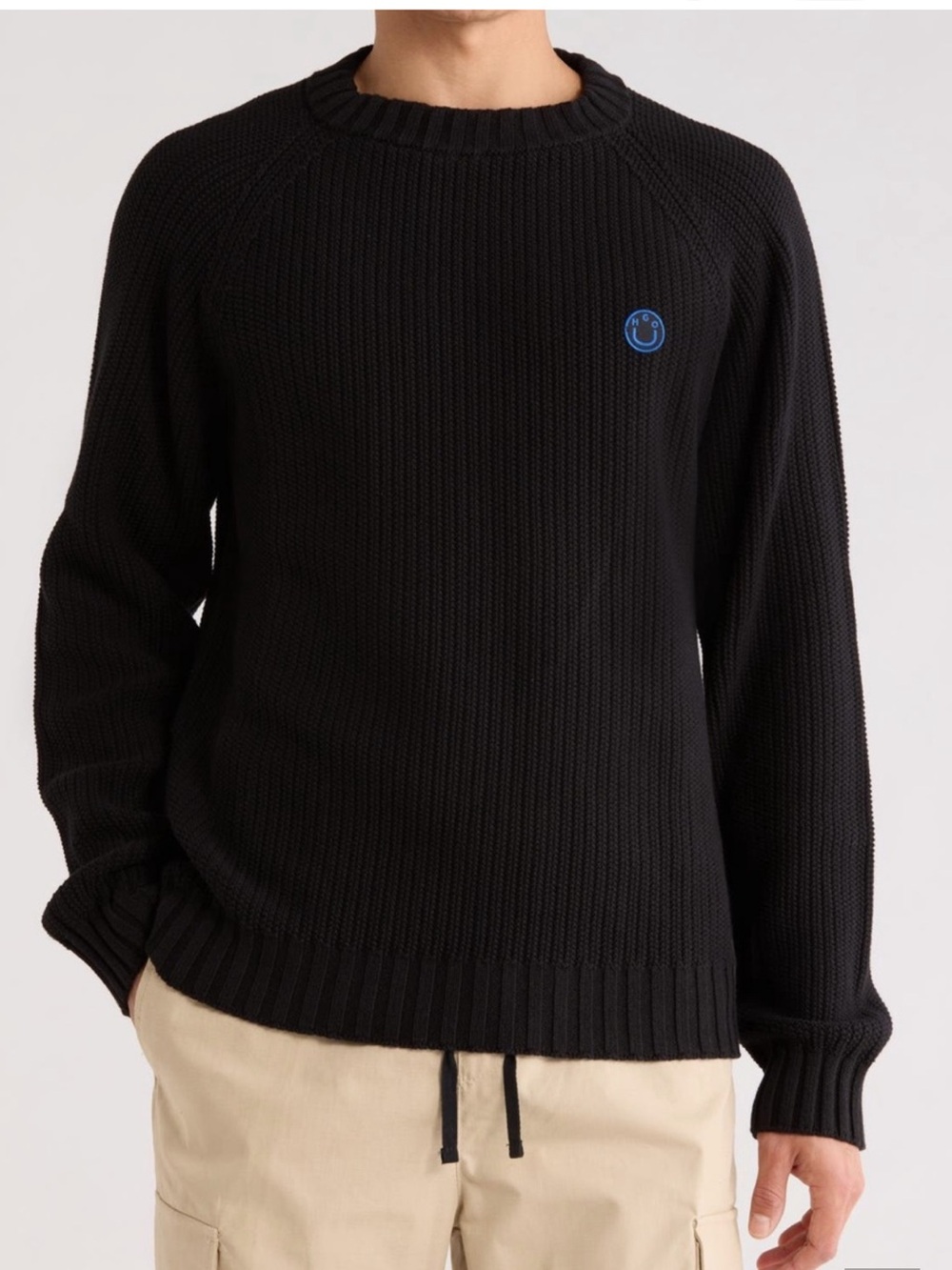 HUGO Boss Sonni Men’s L Black Cotton Knit Crewneck Sweater Smiley Logo NWT